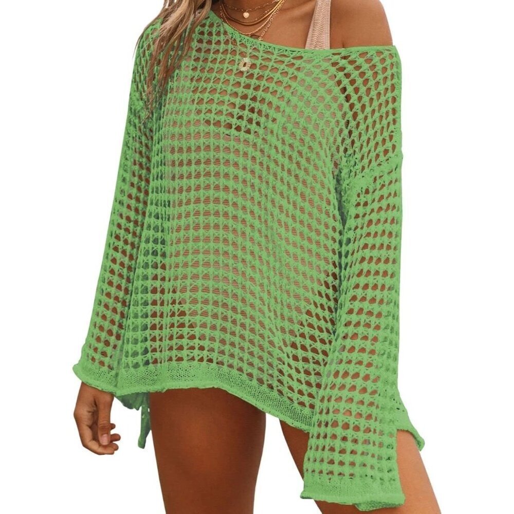 🆕Women's E-Avocado Green Polyester Swimwear Beach Cover Up Tunic Dress